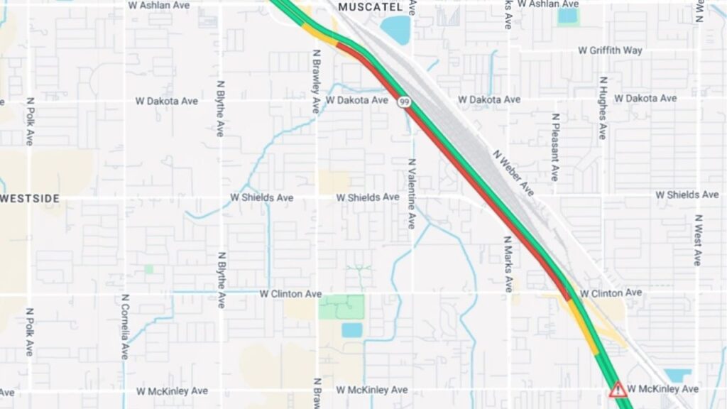 A multi-vehicle crash blocked two lanes of southbound Highway 99 at McKinley Avenue in Fresno, causing a four-mile traffic backup on Friday, Sept. 19, 2025. (Caltrans)