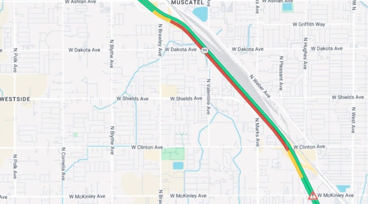 A multi-vehicle crash blocked two lanes of southbound Highway 99 at McKinley Avenue in Fresno, causing a four-mile traffic backup on Friday, Sept. 19, 2025. (Caltrans)