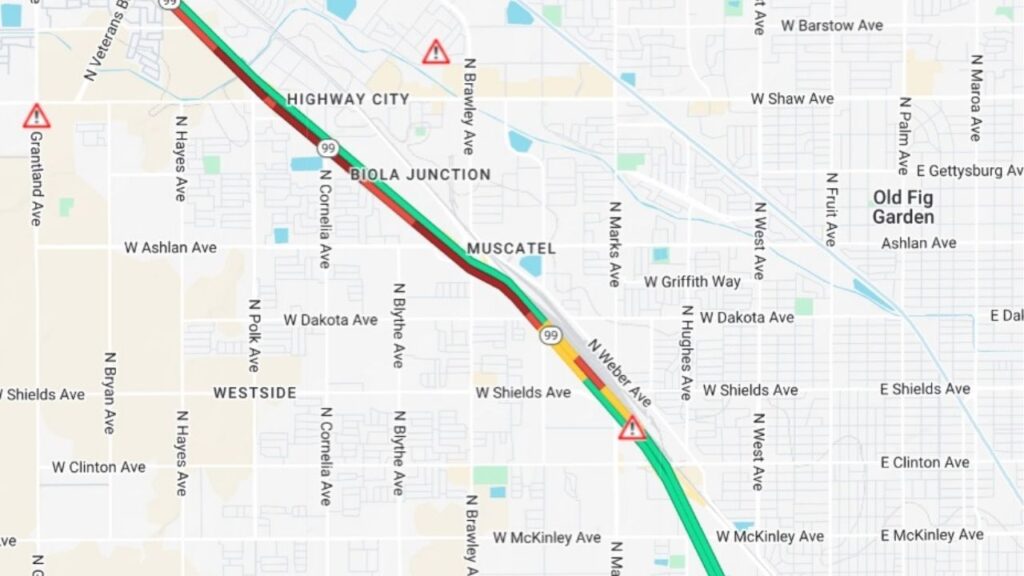 A multi-vehicle crash blocked two southbound lanes of Highway 99 near Clinton Avenue in Fresno, causing delays, Caltrans said. (Caltrans)