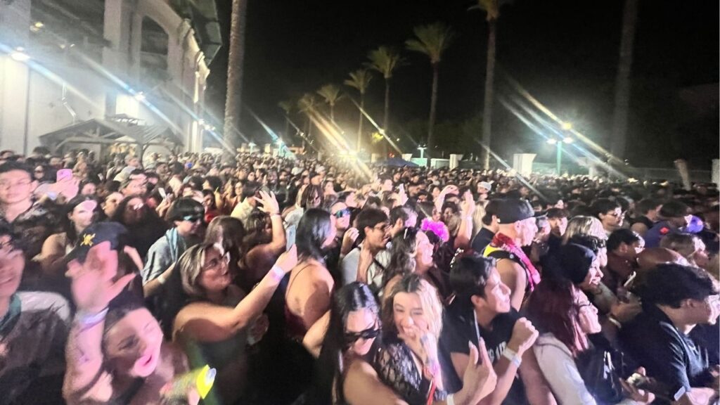 A photo of the packed crowd listening to Sage the Gemini at Fresno's Dog Daze Music Festival on Saturday, Sept. 6, 2025. (GV Wire)