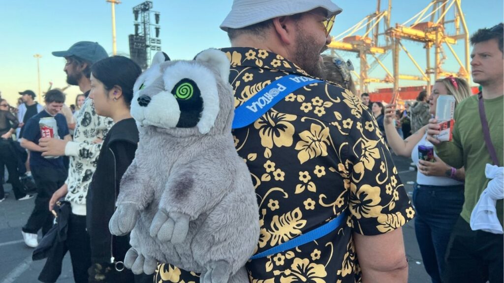 A photo of the racoon backpack Portola was selling at the festival on Saturday, Sept. 20, 2025. (GV Wire)