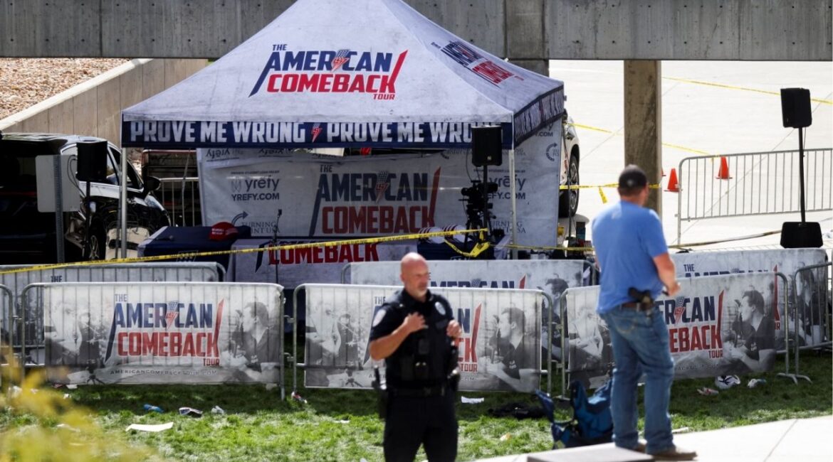 A police officer stands in front of a tent bearing the slogan 'The American Comeback Tour', cordoned off after U.S. right-wing activist, commentator, Charlie Kirk, an ally of U.S. President Donald Trump, was fatally shot during an event at Utah Valley University, in Orem, Utah, U.S. September 10, 2025. (Reuters/Jim Urquhart)