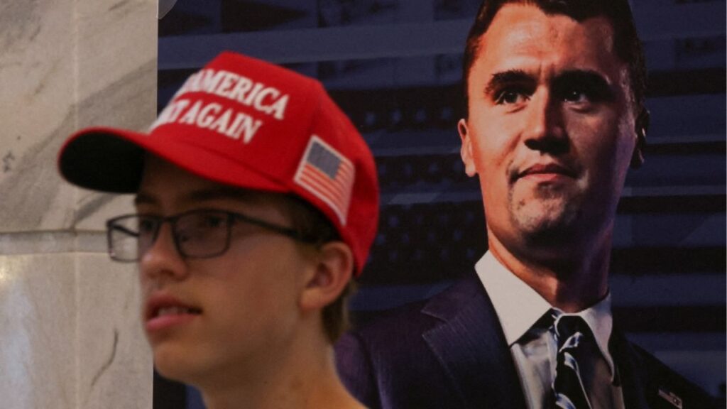 A poster of U.S. right-wing activist, commentator, Charlie Kirk, an ally of U.S. President Donald Trump, who was fatally shot during an event at Utah Valley University, as people attend a vigil for him at the Utah State Capitol, in Salt Lake City, Utah, U.S. September 10, 2025. REUTERS/Jim Urquhart TPX IMAGES OF THE DAY