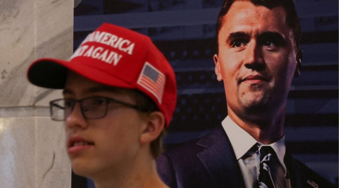 A poster of U.S. right-wing activist, commentator, Charlie Kirk, an ally of U.S. President Donald Trump, who was fatally shot during an event at Utah Valley University, as people attend a vigil for him at the Utah State Capitol, in Salt Lake City, Utah, U.S. September 10, 2025. REUTERS/Jim Urquhart TPX IMAGES OF THE DAY
