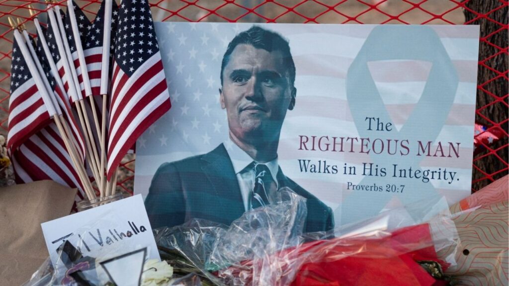 A poster of conservative activist Charlie Kirk is displayed at a memorial following the fatal shooting of Kirk, at the Turning Point USA headquarters in Phoenix, Arizona, U.S., September 12, 2025. (Reuters File)