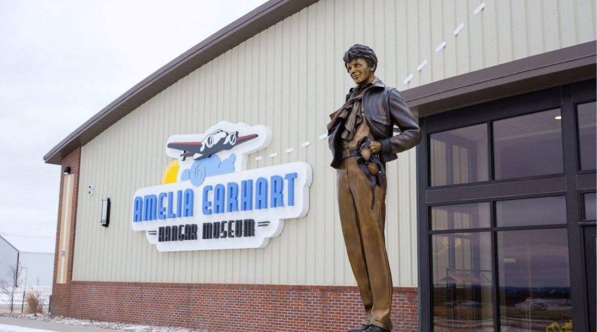 A statue of Amelia Earhart is pictured at the Amelia Earhart Hangar Museum in Atchison, Kansas, U.S. February 16, 2024. (Reuters File)