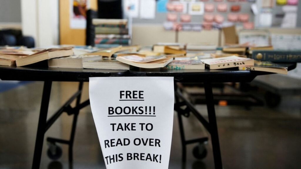 A table of free books for local children in Seattle, Washington, U.S. March 17, 2020. (Reuters File)