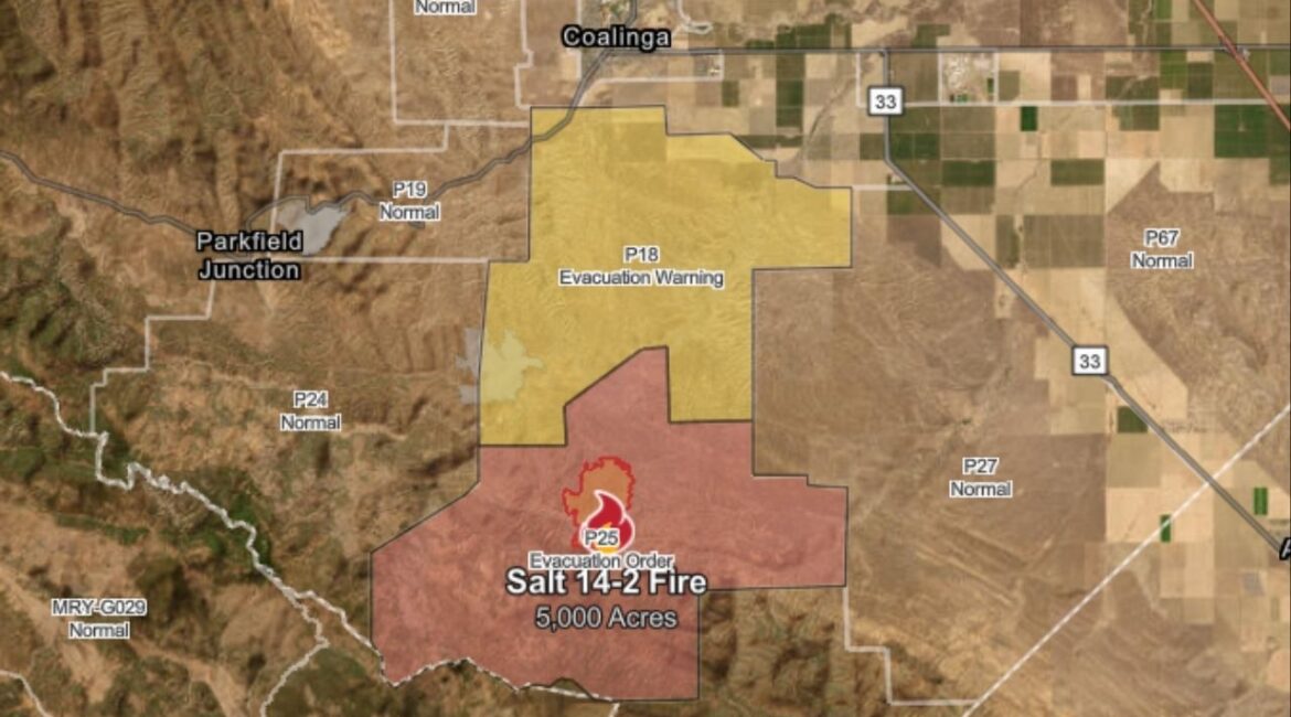A wildfire near Coalinga has burned 5,000 acres, prompted evacuations, and is 5% contained, CalFire said Wednesday, Sept. 3, 2025. (CalFire)