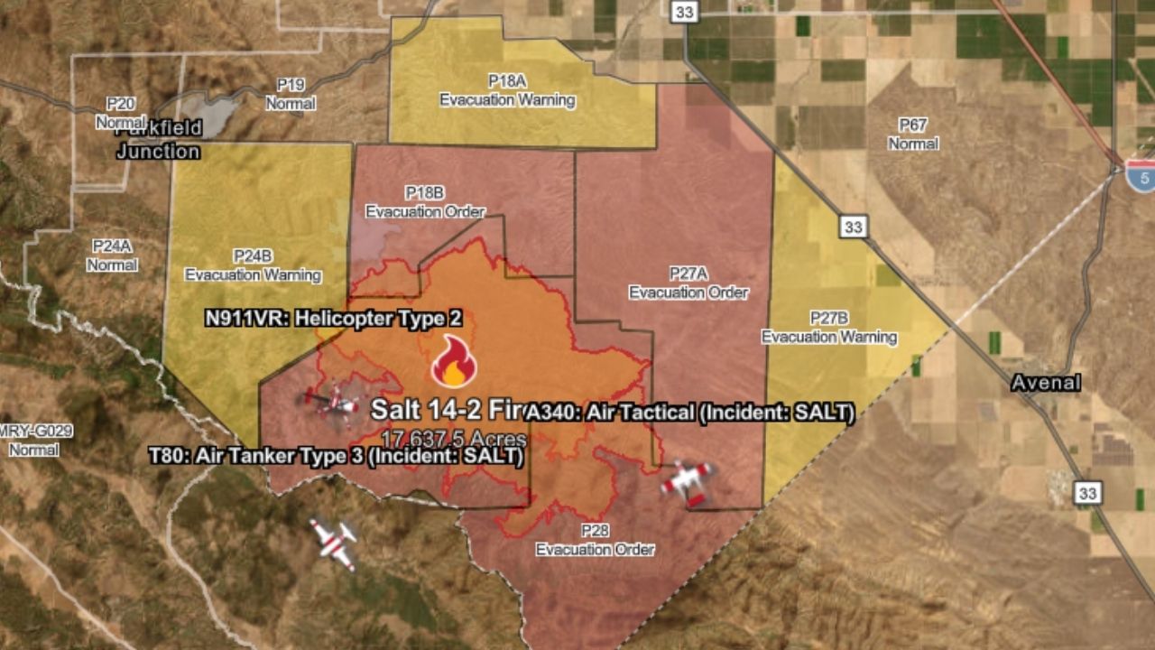A wildfire near Coalinga has burned more than 17,600 acres with 7% containment, prompting evacuation orders as crews battle steep terrain and extreme heat, CalFire reported Thursday, Sept. 4, 2025, afternoon. (CalFire)