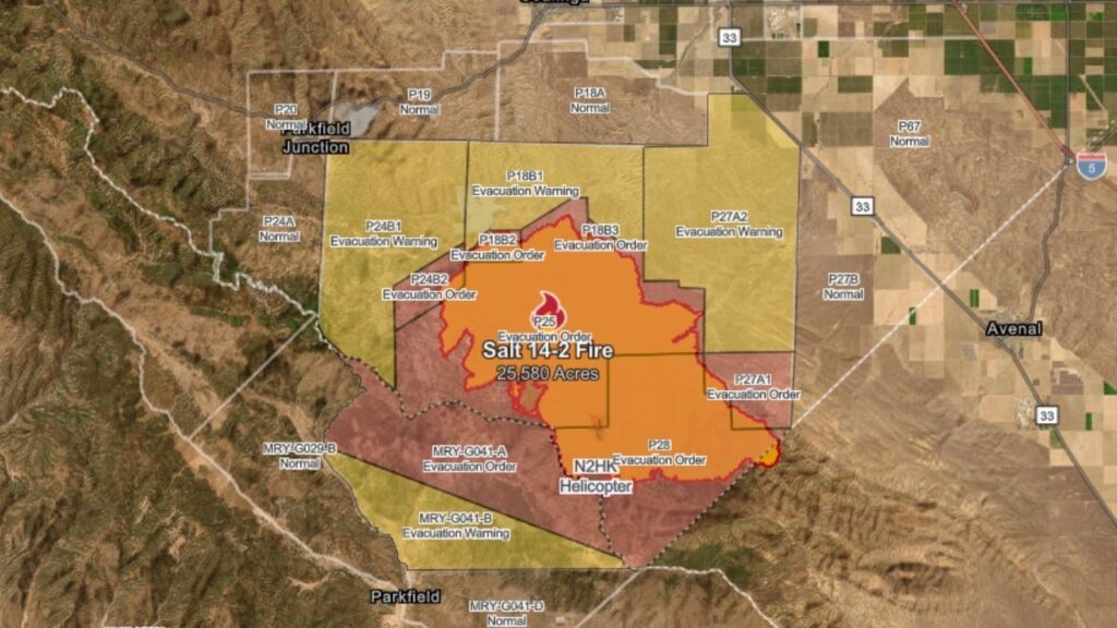 A wildfire near Jacalitos Creek Road in Coalinga, the Salt 14-2 Fire, has burned 25,580 acres across Fresno and Monterey counties, is 40% contained, as of Tuesday, Sept. 9, 2025. (CalFire)