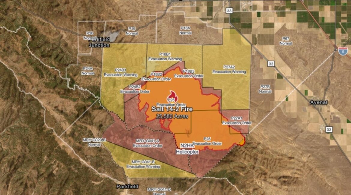 A wildfire near Jacalitos Creek Road in Coalinga, the Salt 14-2 Fire, has burned 25,580 acres across Fresno and Monterey counties, is 40% contained, as of Tuesday, Sept. 9, 2025. (CalFire)