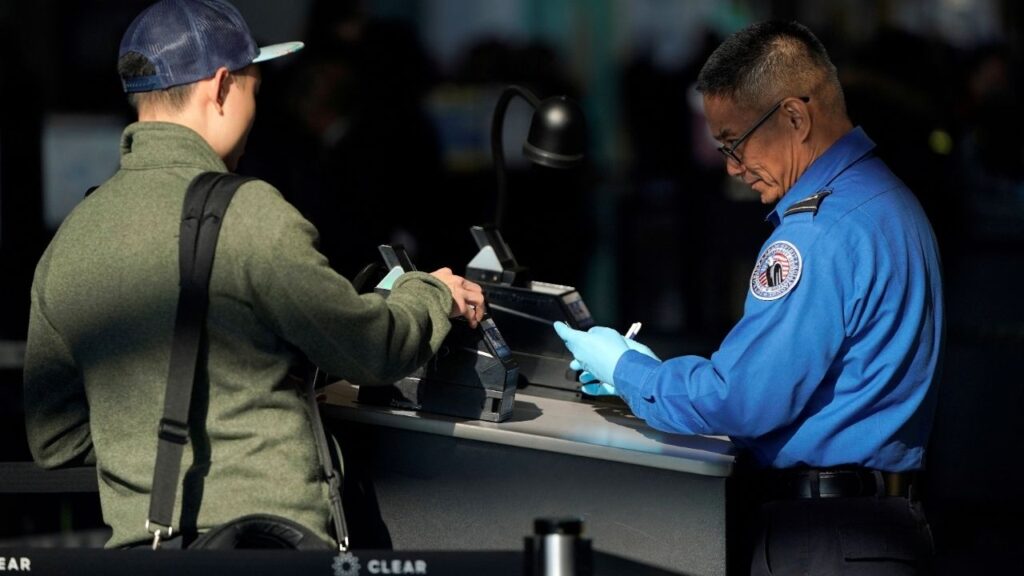 An employee with the Transportation Security Administration (TSA) checks the documents of a traveler at Reagan National Airport in Washington, U.S., January 6, 2019. (Reuters/Joshua Roberts)