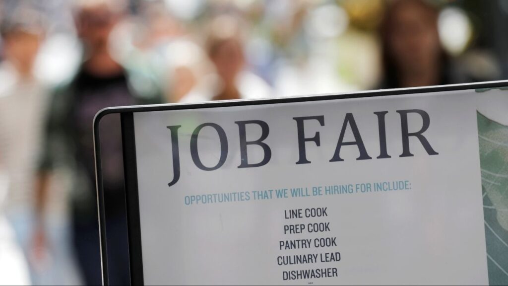 Signage for a job fair is seen on 5th Avenue after the release of the jobs report in Manhattan, New York City, U.S., September 3, 2021. (Reuters File)
