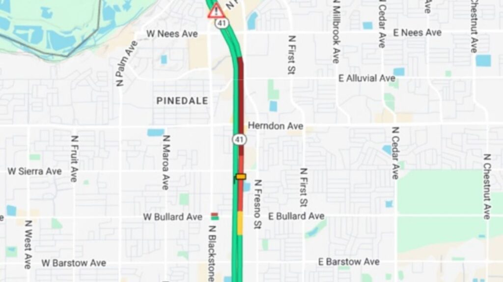 An overturned vehicle on northbound Highway 41 at Friant Road has reduced lanes and caused backups to Bullard Avenue on Tuesday, Sept. 9, 2025, Caltrans said. (Caltrans)