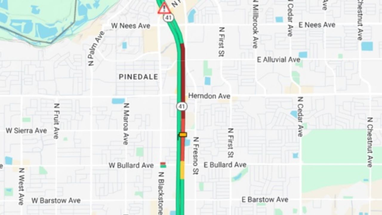 An overturned vehicle on northbound Highway 41 at Friant Road has reduced lanes and caused backups to Bullard Avenue on Tuesday, Sept. 9, 2025, Caltrans said. (Caltrans)