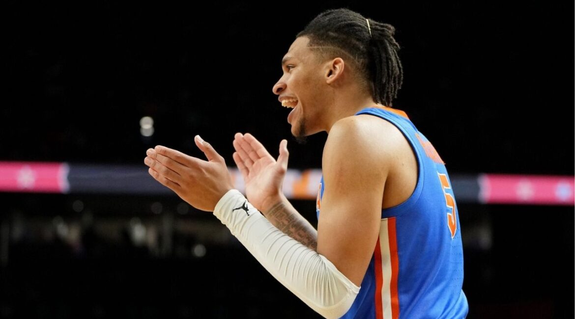Apr 7, 2025; San Antonio, TX, USA; Florida Gators guard Will Richard (5) reacts after a play against the Houston Cougars during the second half of the national championship game of the Final Four of the 2025 NCAA Tournament at the Alamodome. (Bob Donnan-Imagn Images)