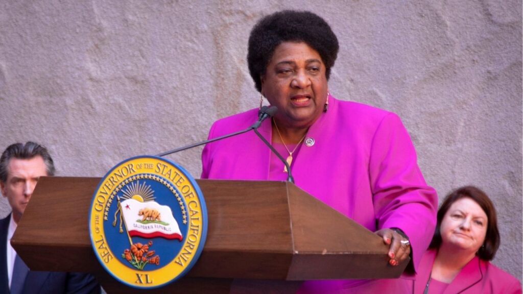 Assemblymember Shirley Weber gives a speech before California governor, Gavin Newsom signs her bill, AB 392 (USA Today Network via Reuters)