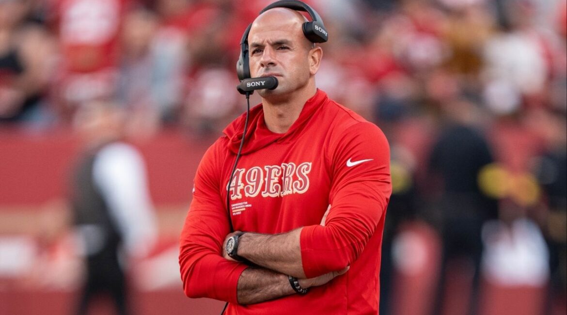 August 23, 2025; Santa Clara, California, USA; San Francisco 49ers defensive coordinator Robert Saleh before the game against the Los Angeles Chargers at Levi's Stadium. (Kyle Terada-Imagn Images)