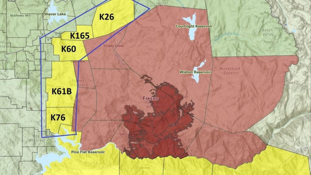 Authorities on Monday, Sept. 8, 2025, morning expanded evacuation warnings for the 49,109-acre Garnet Fire in the Sierra National Forest, adding five zones along its western edge while several other zones remain under evacuation orders or warnings. (Fresno County SO)