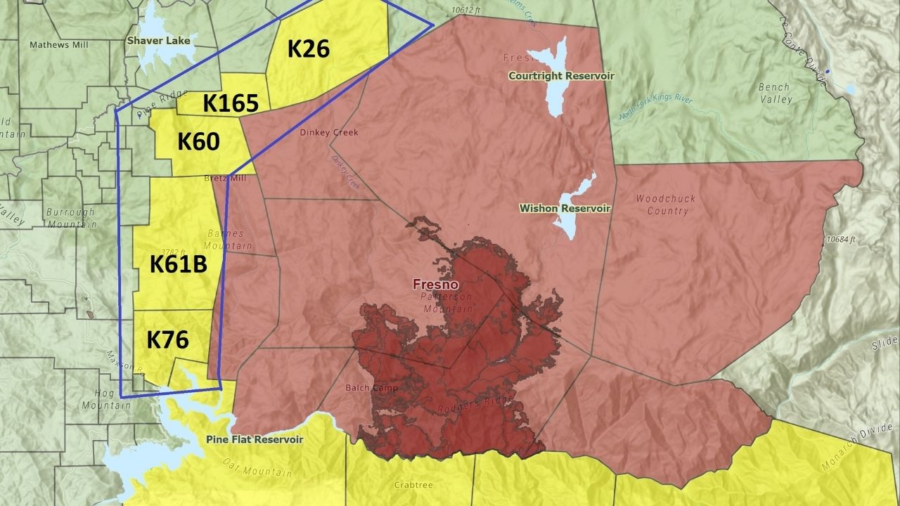 Authorities on Monday, Sept. 8, 2025, morning expanded evacuation warnings for the 49,109-acre Garnet Fire in the Sierra National Forest, adding five zones along its western edge while several other zones remain under evacuation orders or warnings. (Fresno County SO)