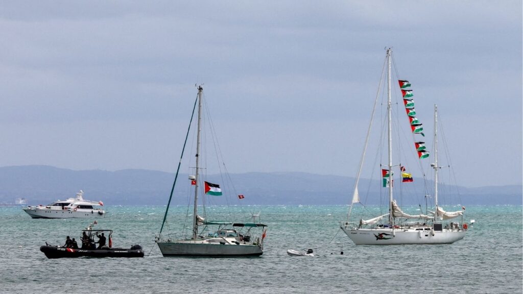 Boats with Palestinian and other flags, which are part of the Global Sumud Flotilla, wait to set sail towards Gaza, with other boats from Tunisia, as part of an international aid initiative to break Israel's naval blockade and deliver vital supplies, near Sidi Bou Said, Tunisia September 10, 2025. (Reuters/Zoubeir Souissi)