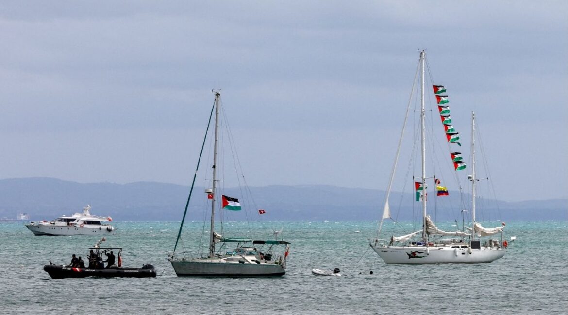 Boats with Palestinian and other flags, which are part of the Global Sumud Flotilla, wait to set sail towards Gaza, with other boats from Tunisia, as part of an international aid initiative to break Israel's naval blockade and deliver vital supplies, near Sidi Bou Said, Tunisia September 10, 2025. (Reuters/Zoubeir Souissi)