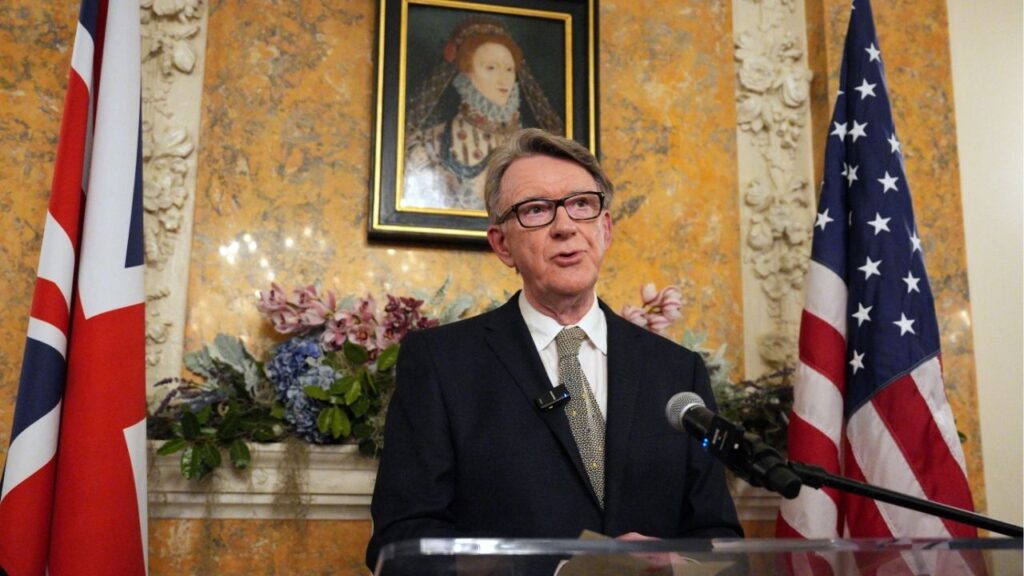 Britain's ambassador to the United States, Peter Mandelson, speaks during a welcome reception for British Prime Minister, Keir Starmer, at the ambassador's residence on February 26, 2025, in Washington, D.C., U.S., Carl Court/Pool via REUTERS