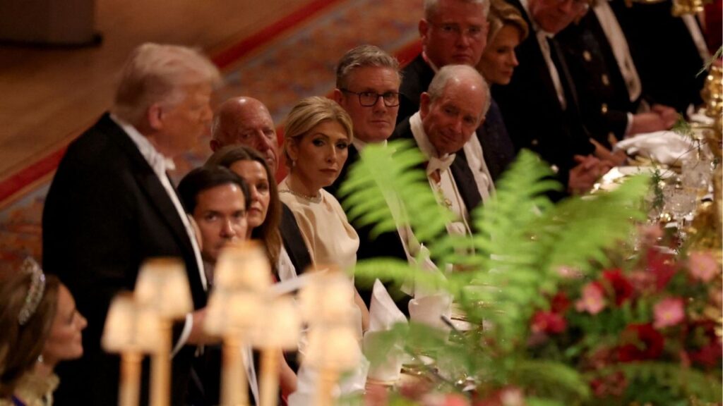 British Prime Minister Keir Starmer listens as U.S. President Donald Trump speaks during the State Banquet during his state visit, at Windsor Castle, in Windsor, Britain, September 17, 2025. REUTERS/Phil Noble/Pool