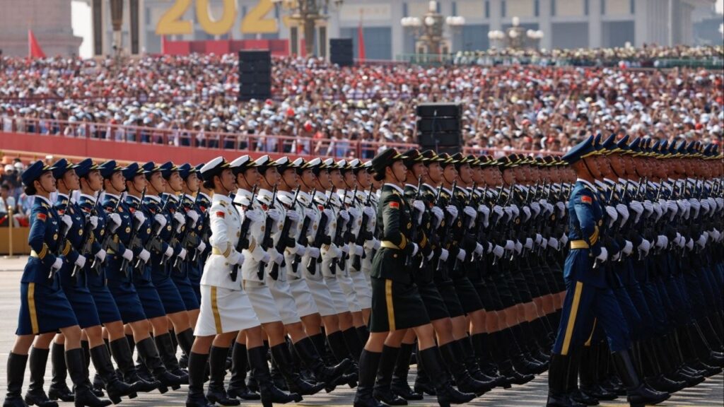 Chinese People's Liberation Army (PLA) honour guard members march during a military parade to mark the 80th anniversary of the end of World War Two, in Beijing, China, September 3, 2025. REUTERS/Tingshu Wang