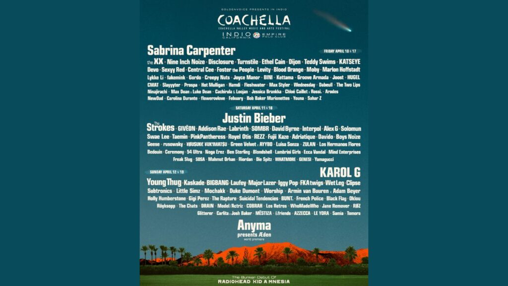 Coachella 2026 announced headliners Sabrina Carpenter, Karol G, and Justin Bieber, with tickets going on sale Friday, Sept. 19, 2025, and prices starting at $539 for general admission. (Coachella/Golden Voice)