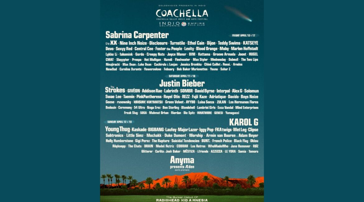 Coachella 2026 announced headliners Sabrina Carpenter, Karol G, and Justin Bieber, with tickets going on sale Friday, Sept. 19, 2025, and prices starting at $539 for general admission. (Coachella/Golden Voice)