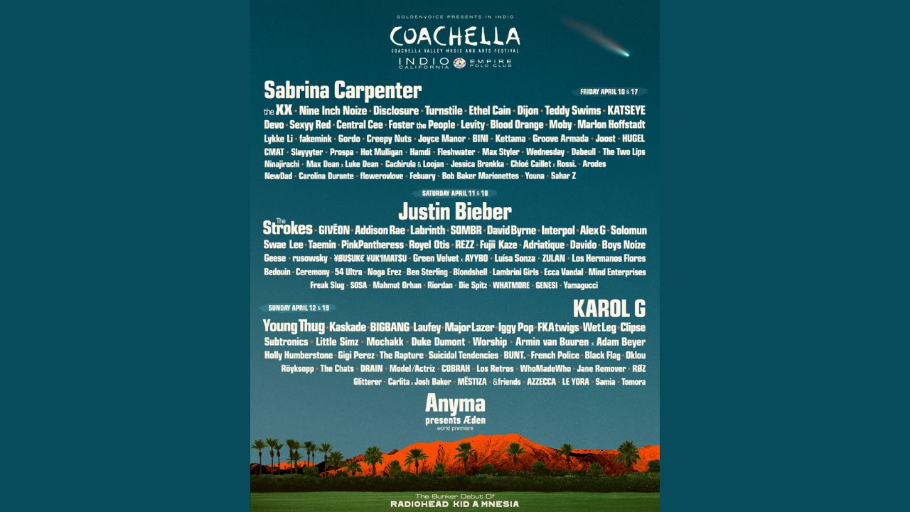 Coachella 2026 announced headliners Sabrina Carpenter, Karol G, and Justin Bieber, with tickets going on sale Friday, Sept. 19, 2025, and prices starting at $539 for general admission. (Coachella/Golden Voice)