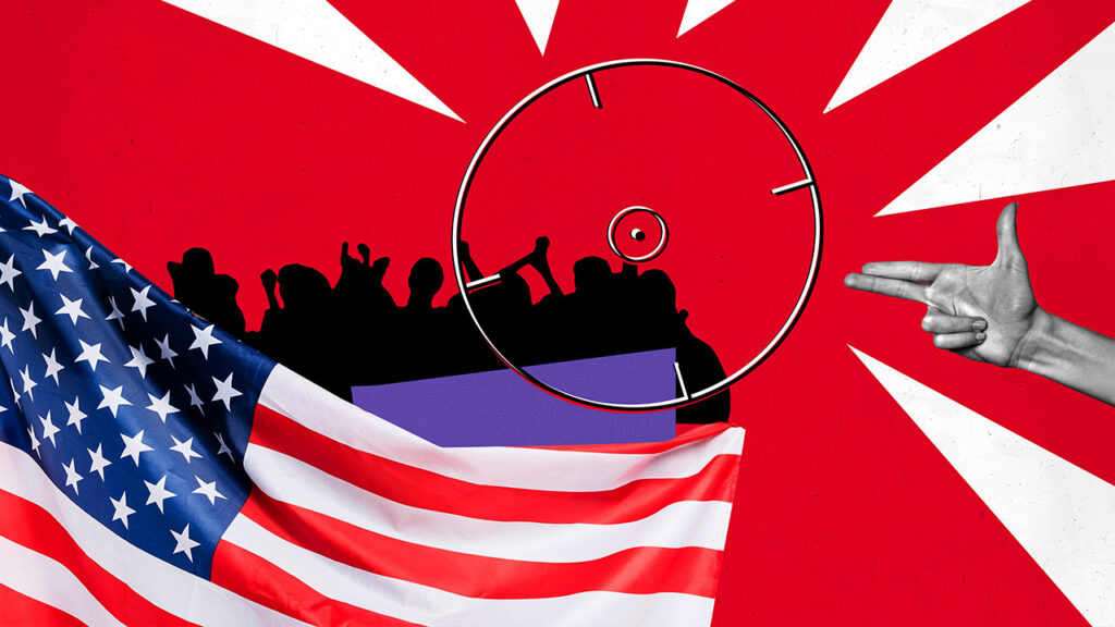 Colorful creative collage of anonymous criminal hand gun gesture showing killing candidate