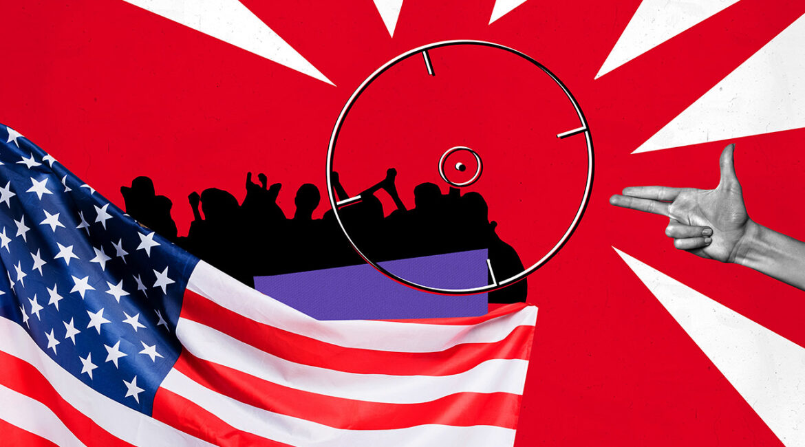 Colorful creative collage of anonymous criminal hand gun gesture showing killing candidate