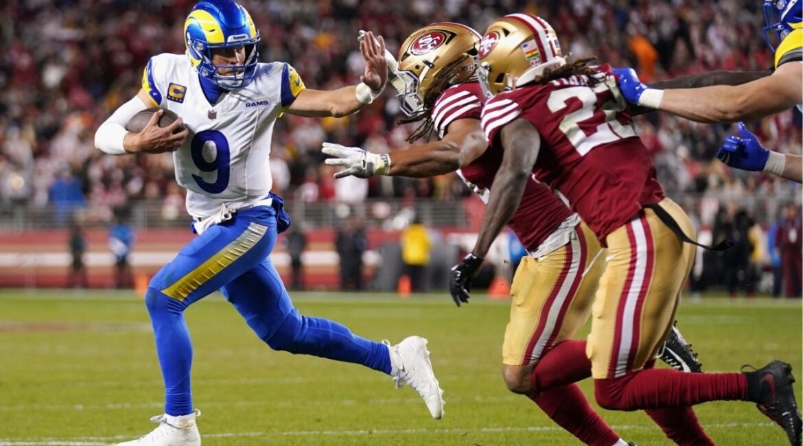 Dec 12, 2024; Santa Clara, California, USA; Los Angeles Rams quarterback Matthew Stafford (9) runs with the ball as San Francisco 49ers linebacker Fred Warner (54) defends in the fourth quarter at Levi's Stadium. (Cary Edmondson-Imagn Images)