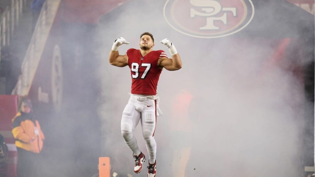 Dec 25, 2023; Santa Clara, California, USA; San Francisco 49ers defensive end Nick Bosa (97) is introduced before the start of the game against the Baltimore Ravens at Levi's Stadium.(Cary Edmondson-USA TODAY Sports)
