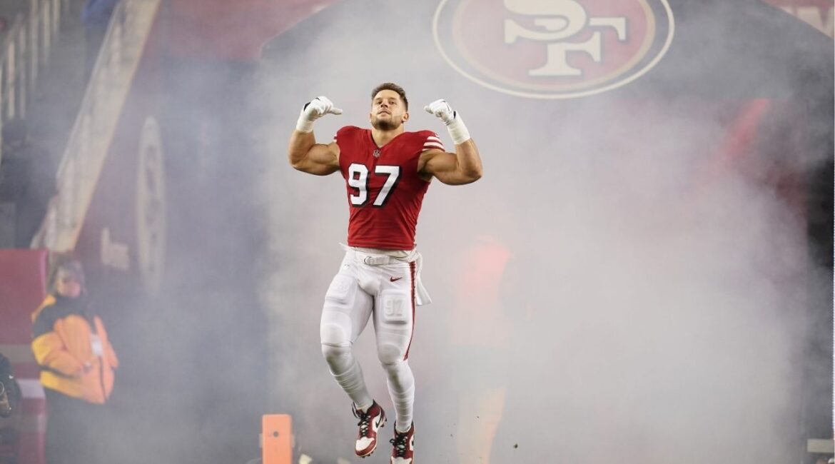 Dec 25, 2023; Santa Clara, California, USA; San Francisco 49ers defensive end Nick Bosa (97) is introduced before the start of the game against the Baltimore Ravens at Levi's Stadium.(Cary Edmondson-USA TODAY Sports)