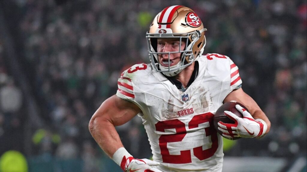 Dec 3, 2023; Philadelphia, Pennsylvania, USA; San Francisco 49ers running back Christian McCaffrey (23) against the Philadelphia Eagles at Lincoln Financial Field. (Eric Hartline-USA TODAY Sports)