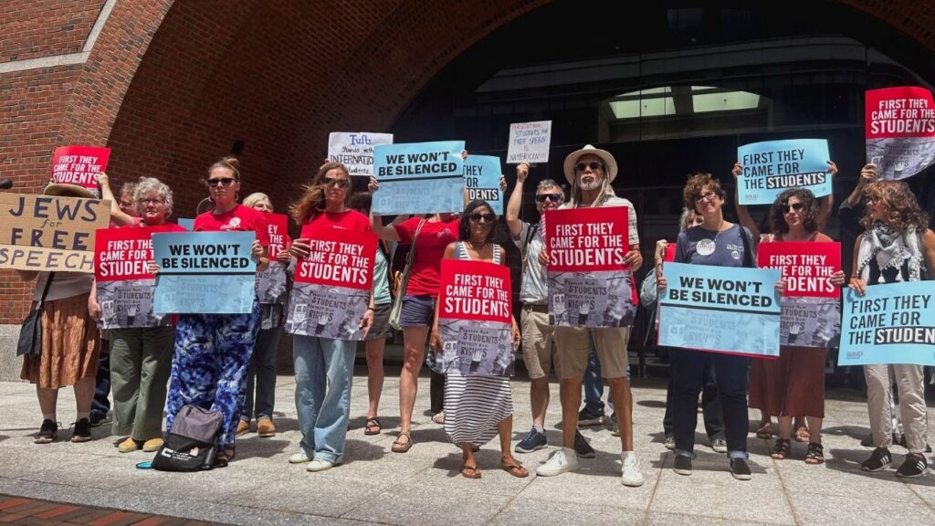 Demonstrators stand outside the federal courthouse after the first day of a trial in a lawsuit filed by the American Association of University Professors and others, which challenges the U.S. President Donald Trump administration's arrest and deportation of pro-Palestinian campus activists, in Boston, Massachusetts, U.S., July 7, 2025. (Reuters/Nate Raymond)