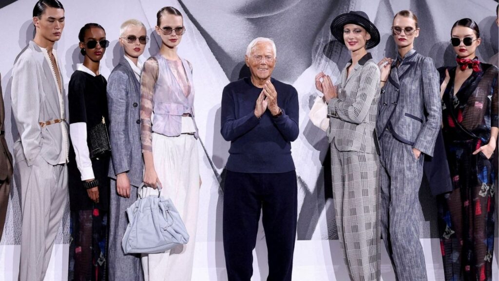 Designer Giorgio Armani stands next to models during the Emporio Armani Spring/Summer 2025 collection at the Fashion Week in Milan, Italy, September 19, 2024. (Reuters File)