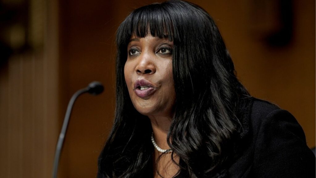 Dr. Lisa DeNell Cook speaks before a Senate Banking, Housing and Urban Affairs Committee confirmation hearing on Capitol Hill in Washington, D.C., U.S., February 3, 2022. (Reuters File)