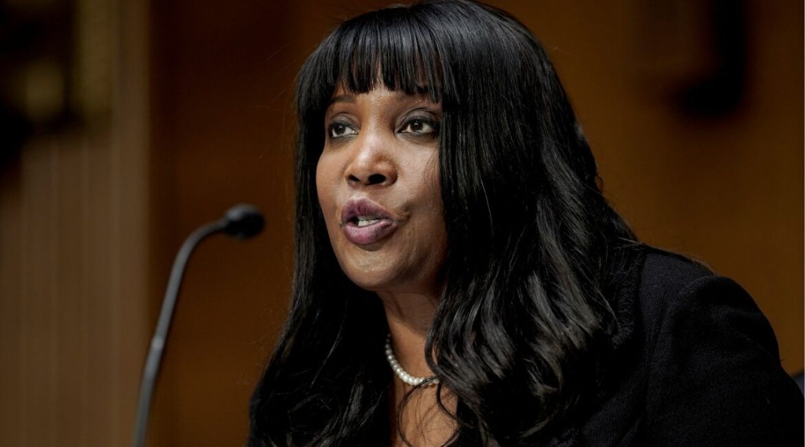 Dr. Lisa DeNell Cook speaks before a Senate Banking, Housing and Urban Affairs Committee confirmation hearing on Capitol Hill in Washington, D.C., U.S., February 3, 2022. (Reuters File)