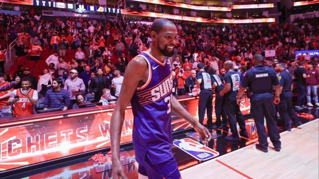 Feb 12, 2025; Houston, Texas, USA; Phoenix Suns forward Kevin Durant (35) after playing against the Houston Rockets at Toyota Center. (Thomas Shea-Imagn Images)