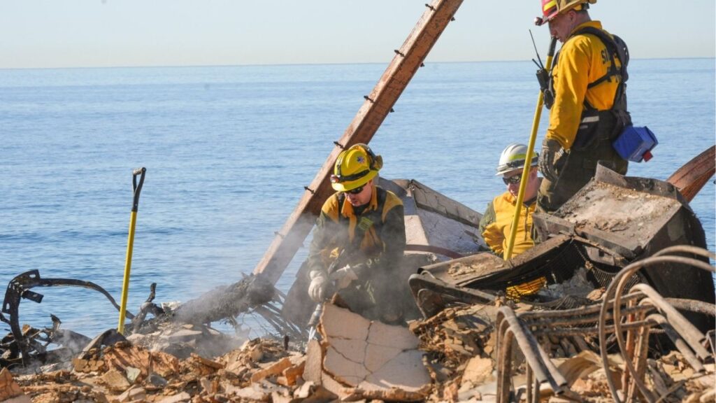 Firefighters from Hubbard, Or. help put out hotspots on beachfront homes that were decimated by the Palisades Fire in Malibu, Calif., Jan. 14, 2024. (USA Today Network via Reuters)