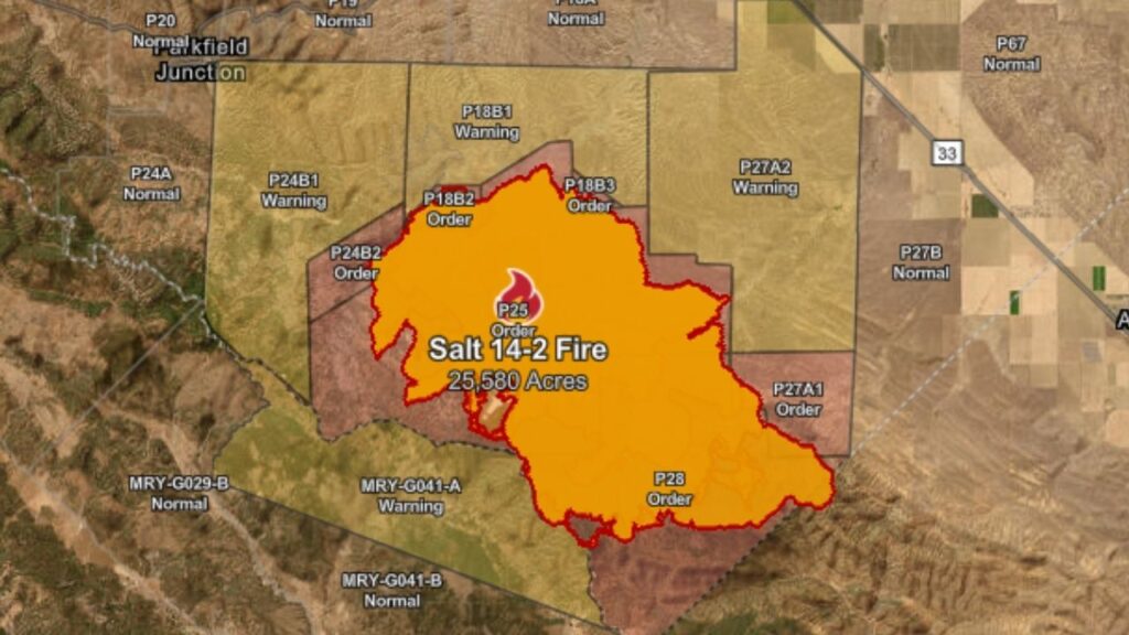 Firefighters have contained 60% of the Salt 14-2 Fire in Fresno and Monterey counties, continuing to protect structures and enforce evacuations while no injuries or fatalities have been reported. (CalFire)