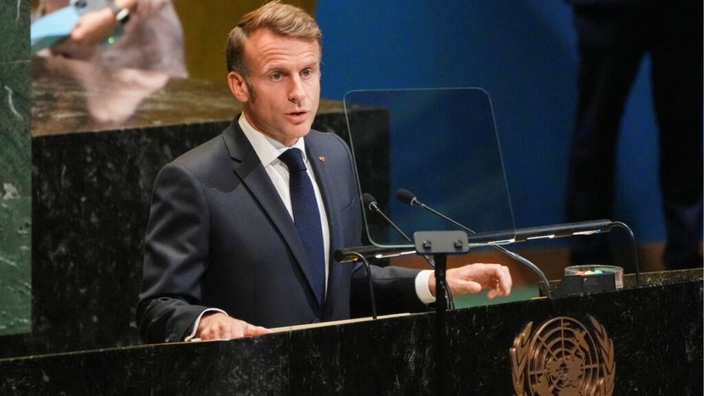 French President Emmanuel Macron addresses delegates during a high-level meeting of heads of state on a two-state solution between Israel and the Palestinians at United Nations headquarters in New York City, U.S., September 22, 2025. (Reuters/Eduardo Munoz)