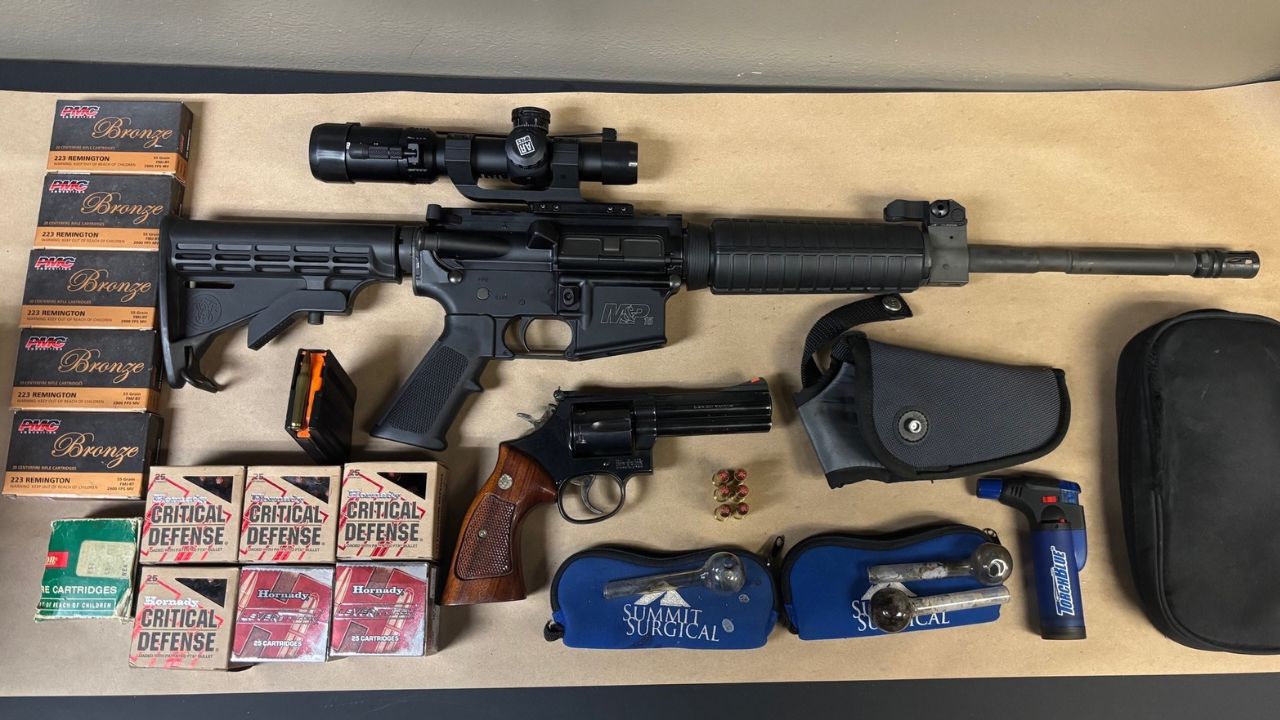 Fresno police arrested a man after finding two firearms and ammunition during a search of a northwest Fresno home, authorities said Tuesday, Sept. 9, 2025. (Fresno PD)