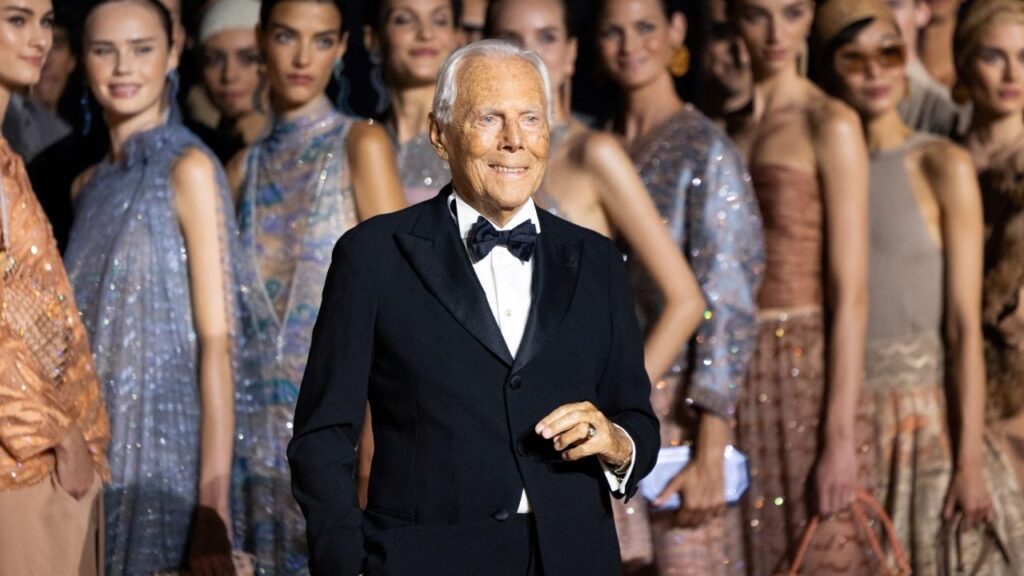 Giorgio Armani poses with models before presenting his Spring Summer 2025 collection in New York City, U.S., October 17, 2024. (Reuters File)