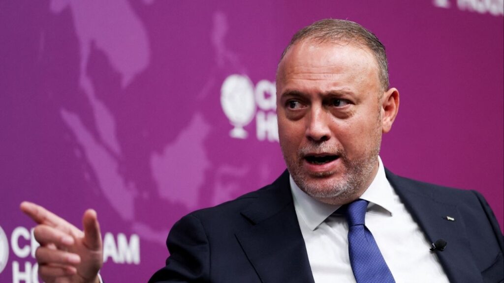 Head of the Palestinian Mission to the UK Husam Zomlot speaks at an event in Chatham House, in London, Britain, September 2, 2025. (Reuters/Hannah McKay)