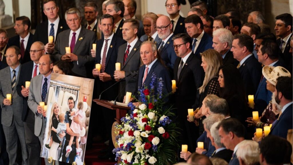 House Majority Leader Steve Scalise (R-La.) speaks during a vigil for Charlie Kirk at the Capitol in Washington on Monday, Sept. 15, 2025. House Republicans and a handful of Democrats gathered in the Capitol on Monday for a prayer vigil honoring the life of the right-wing activist Charlie Kirk, in an unusual ceremony that reflected how his assassination has divided the two political parties. (Tierney L. Cross/The New York Times)